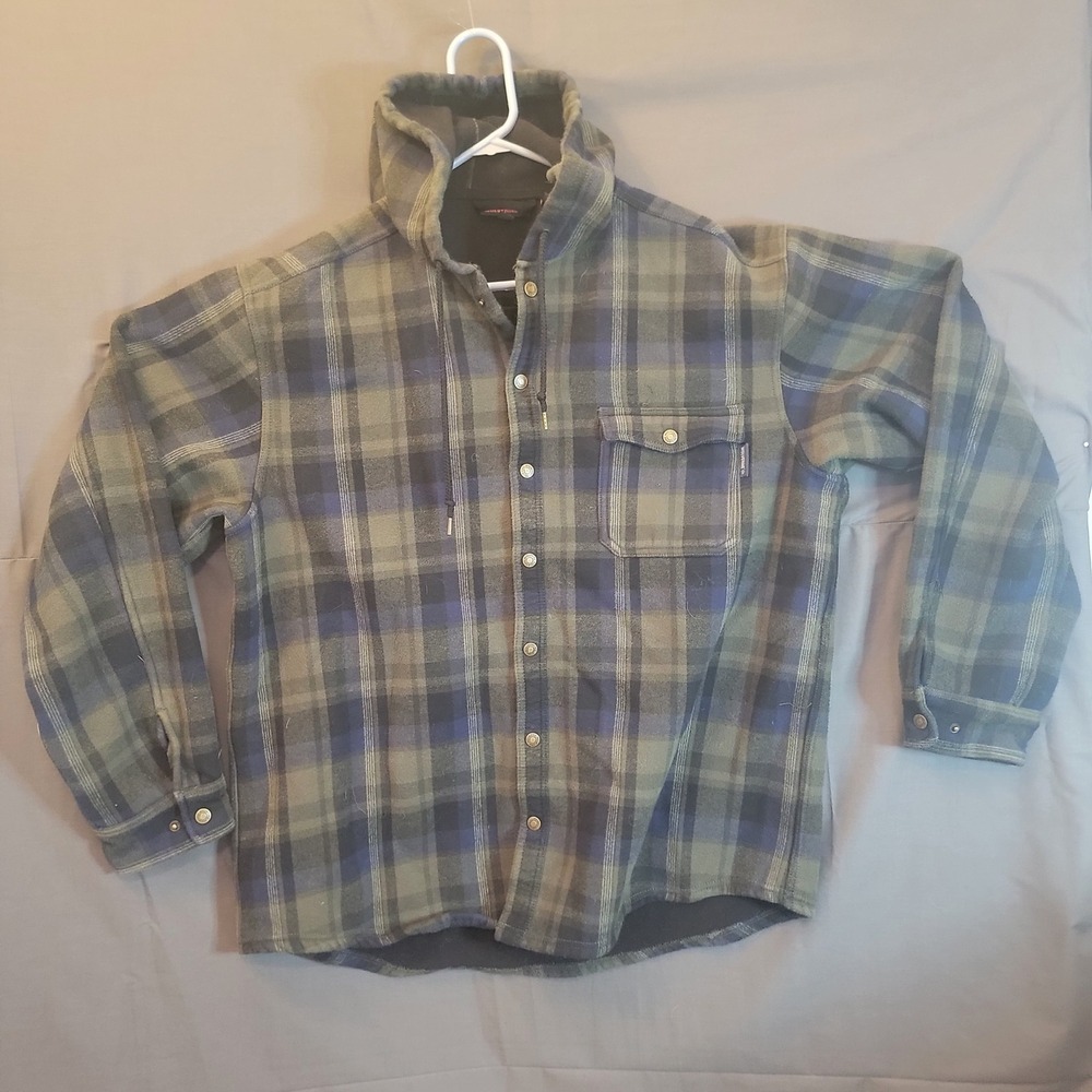 Wolverine Hooded Flannel Shirt Jacket Mens XL Green Blue Plaid Fleece Lined Exc